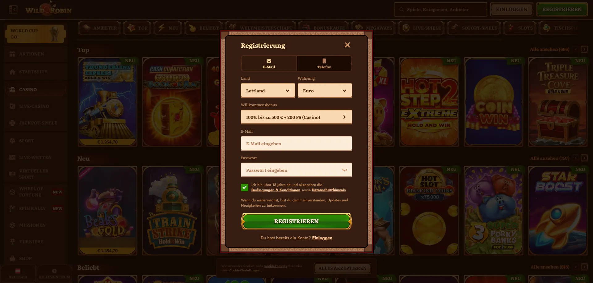 WildRobin Casino &Ouml;sterreich Registrierungsformular &ndash; Konto erstellen